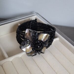 Black Beaded Abalone Shell Flower Cuff Bracelet One Size